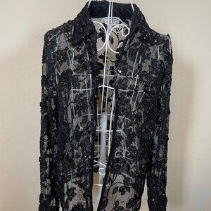 Vintage Distinctive Black Lace Crochet Beaded Sheer party Jacket Size S